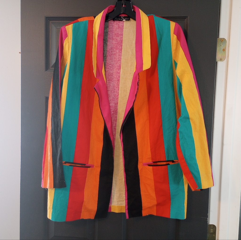 80s Jungle Jacket Retro Striped Open Face Blazer Vibrant Rainbow Aesthetic Vtg